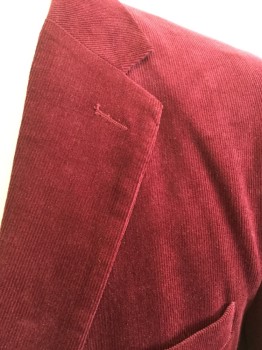 Mens, Sportcoat/Blazer, CANADA, Red Burgundy, Cotton, Solid, 44R, Corduroy, Single Breasted, Notched Lapel, 2 Buttons,  3 Pockets
