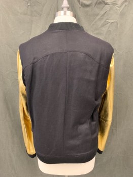 Mens, Casual Jacket, CH., Black, Gold, Linen, Rayon, Color Blocking, L, Black Twill, Zip Front, Ribbed Knit Bomber Collar, Ribbed Knit Waistband/Cuff, Gold Leather Long Sleeves