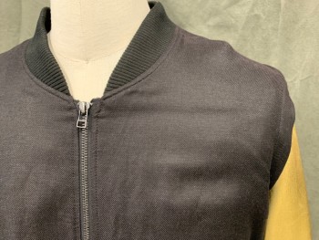 Mens, Casual Jacket, CH., Black, Gold, Linen, Rayon, Color Blocking, L, Black Twill, Zip Front, Ribbed Knit Bomber Collar, Ribbed Knit Waistband/Cuff, Gold Leather Long Sleeves
