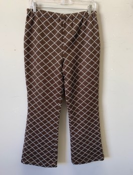 Womens, Pants, N/L, Brown, White, Polyester, Grid , Dots, W28-32, Stretchy Double Knit Polyester, Elastic Waist, Boot Cut Leg,