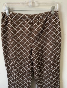Womens, Pants, N/L, Brown, White, Polyester, Grid , Dots, W28-32, Stretchy Double Knit Polyester, Elastic Waist, Boot Cut Leg,