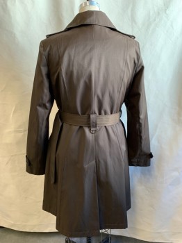 Womens, Coat, Trenchcoat, RALPH LAUREN, Chocolate Brown, Cotton, Polyester, Solid, L, Double Breasted, Collar Attached, Epaulets, 2 Pockets, Long Sleeves, Button Tab at Cuff, Self Belt