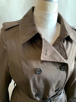 Womens, Coat, Trenchcoat, RALPH LAUREN, Chocolate Brown, Cotton, Polyester, Solid, L, Double Breasted, Collar Attached, Epaulets, 2 Pockets, Long Sleeves, Button Tab at Cuff, Self Belt