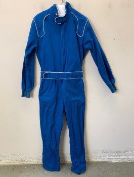 Unisex, Auto Racing Jumpsuit, N/L, Royal Blue, White, Cotton, Nomex, Solid, M, Twill, White Piping Trim, Long Sleeves, Zip Front, Stand Collar with Velcro, Self Attached Belt with Velcro Closure, Elastic Waist in Back, Stirrup Legs, Multiples