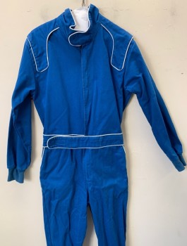 Unisex, Auto Racing Jumpsuit, N/L, Royal Blue, White, Cotton, Nomex, Solid, M, Twill, White Piping Trim, Long Sleeves, Zip Front, Stand Collar with Velcro, Self Attached Belt with Velcro Closure, Elastic Waist in Back, Stirrup Legs, Multiples