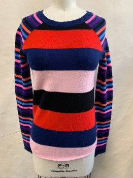 Womens, Pullover, REPLICA LOS ANGELES, Red, Navy Blue, Lt Pink, Black, Purple, Cashmere, Wool, Stripes, XS, Raglan Long Sleeves, Ribbed Knit Crew Neck, Rolled Hem/Cuff