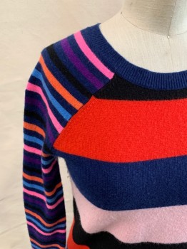 Womens, Pullover, REPLICA LOS ANGELES, Red, Navy Blue, Lt Pink, Black, Purple, Cashmere, Wool, Stripes, XS, Raglan Long Sleeves, Ribbed Knit Crew Neck, Rolled Hem/Cuff