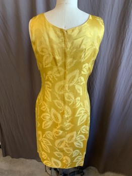 Womens, Cocktail Dress, N/L, Mustard Yellow, Polyester, Leaves/Vines , 30, 38, Round Neck,  Sleeveless, Attached Cropped Top with Scallop Hem,  Zip Back,