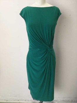 LAUREN R L, Emerald Green, Polyester, Elastane, Solid, Sleeveless, Pullover, Twisted Knot at Left Hip, Bateau/Boat Neck,