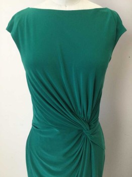 Womens, Dress, Sleeveless, LAUREN R L, Emerald Green, Polyester, Elastane, Solid, 6, Sleeveless, Pullover, Twisted Knot at Left Hip, Bateau/Boat Neck,
