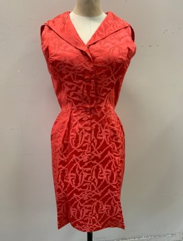 Womens, Cocktail Dress, DYNASTY, Red, Red, Silk, Abstract , W26, B36, H34, V-neck, Sailor Collar, Sleeveless, Button Front and Zip Placket Front, Jacquard, Hips Have Been Taken in and Out