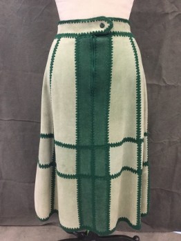 Womens, 1960s Vintage, Skirt, YOUNG EAST, Mint Green, Forest Green, Leather, Acrylic, Patchwork, W 28, Skirt, Suede Patches Attached with Forest Green Acrylic Knit, Zip Back and Snap, Calf Length Hem