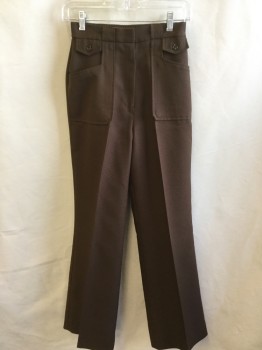 Womens, Pants, STROLLER, Brown, Polyester, Solid, 24, 1.5" Waist Band Front with Belt Hoops, Elastic Back with 4 Rows of Orange Stitches, 2 Large Patch Pockets Front with Small Flap & Dark Brown Button on Top, Zip Front, Flair Bottom