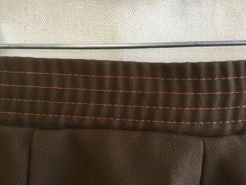 Womens, Pants, STROLLER, Brown, Polyester, Solid, 24, 1.5" Waist Band Front with Belt Hoops, Elastic Back with 4 Rows of Orange Stitches, 2 Large Patch Pockets Front with Small Flap & Dark Brown Button on Top, Zip Front, Flair Bottom