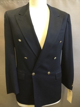 Mens, Sportcoat/Blazer, MALIBU, Navy Blue, Wool, Solid, 44 R, Double Breasted, Peaked Lapel, 3 Pockets,