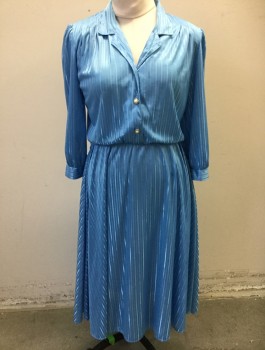 CALIFORNIA LOOKS, French Blue, Polyester, Stripes - Vertical , Self Striped, 3/4 Sleeves, Notched Collar Attached, Shirtwaist with 3 Cream and Silver Buttons, Pleated at Shoulders with Padding, Elastic Waist, A-Line, Mid Calf Length, **Barcode on Pocket