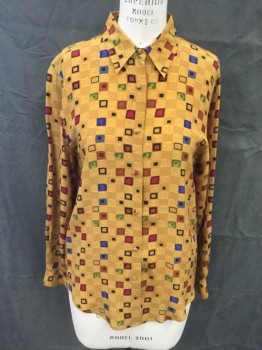 Womens, Blouse, RIVA , Mustard Yellow, Green, Blue, Red, White, Silk, Grid , B 36, M, Fabric Covered Button Front, Collar Attached, Long Sleeves, Button Cuff