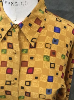Womens, Blouse, RIVA , Mustard Yellow, Green, Blue, Red, White, Silk, Grid , B 36, M, Fabric Covered Button Front, Collar Attached, Long Sleeves, Button Cuff