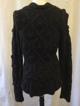 Womens, Sweater, LEIFSDOTTIR, Dk Brown, Brown, Wool, Nylon, Heathered, M, Double Breasted, Six Gold Button, Plunge V-neck, Long Sleeves, Self Novelty Knit Pom Pom Pattern, See Photo Attached,