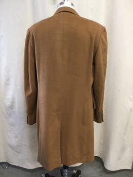 Mens, Coat, Overcoat, N/L, Camel Brown, Wool, Solid, M, 40, Notched Lapel, Single-Breasted, 3 Button Closure, 1 Chest Welt Pocket, 3 Besom Pockets, Back Vent, Below the Knee Length, 3 Lined Topstitch Detail