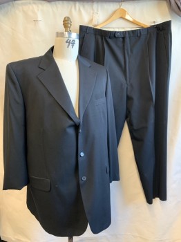 Savile Row, Black, Wool, Solid, Single Breasted, Notched Lapel, 3 Buttons,