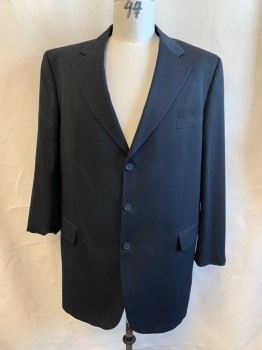 Savile Row, Black, Wool, Solid, Single Breasted, Notched Lapel, 3 Buttons,
