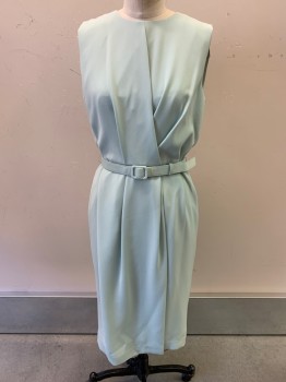 LAFAYETTE 148, Mint Green, Acetate, Polyester, with Matching Belt, Round Neck, Criss Cross Pleat On Chest, Pleated At Center Skirt, Sleeveless, Zip Back, Hem Below Knee