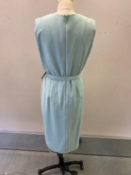 LAFAYETTE 148, Mint Green, Acetate, Polyester, with Matching Belt, Round Neck, Criss Cross Pleat On Chest, Pleated At Center Skirt, Sleeveless, Zip Back, Hem Below Knee