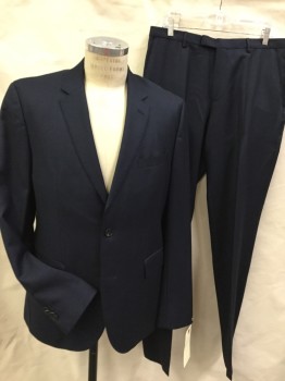 Mens, Suit, Jacket, BOSS, Navy Blue, Black, Wool, Solid, 34/33, 42R, Single Breasted, 2 Buttons, Top Stitch, 3 Pockets,