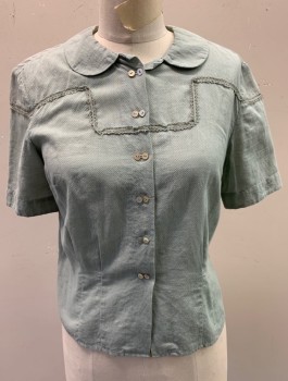 Womens, Blouse, N/L, Sage Green, Cotton, Solid, S, B:34, Ribbed Texture Cotton, Short Sleeves, Peter Pan Collar, Buttons in Sets of 2 in Front, Lace Trim at Perpendicular Angles Across Front and Sleeves, Darts at Waist, Multiples, Made To Order