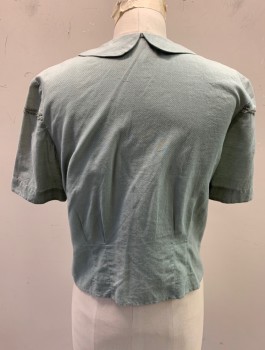 Womens, Blouse, N/L, Sage Green, Cotton, Solid, S, B:34, Ribbed Texture Cotton, Short Sleeves, Peter Pan Collar, Buttons in Sets of 2 in Front, Lace Trim at Perpendicular Angles Across Front and Sleeves, Darts at Waist, Multiples, Made To Order
