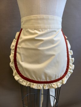 N/L, Cream, Brick Red, Poly/Cotton, Solid, Waitress/Maid Apron, Rounded Shape, Brick Red Trim and Self Ruffle Edge, Self Ties at Waist