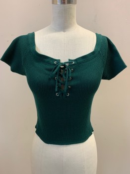 Womens, Top, LA HEARTS, Forest Green, Cotton, Polyester, Solid, XS, Short Sleeves, Rib Knit, Scoop Neck with Lacing, Was Taken In, Fits a Size 2