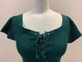 Womens, Top, LA HEARTS, Forest Green, Cotton, Polyester, Solid, XS, Short Sleeves, Rib Knit, Scoop Neck with Lacing, Was Taken In, Fits a Size 2