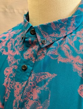 Mens, Casual Shirt, THE RAIL, Turquoise Blue, Pink, Rayon, Abstract , Floral, XL, S/S, Button Front, Button Down Collar, 1 Pocket, Slim Fit