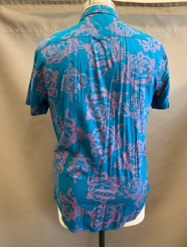Mens, Casual Shirt, THE RAIL, Turquoise Blue, Pink, Rayon, Abstract , Floral, XL, S/S, Button Front, Button Down Collar, 1 Pocket, Slim Fit