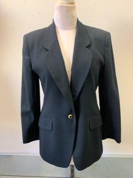 Womens, Blazer, JONES NEW YORK, Black, Wool, Solid, 8, Single Breasted, 2 Pockets, Rounded Notched Lapel, Gold and Black Metal Buttons