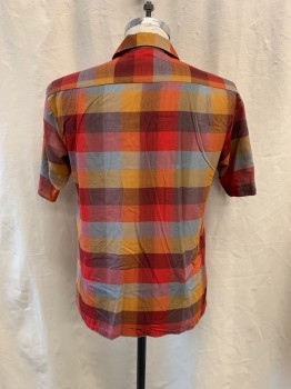 Mens, Shirt, UNION, Red, Red Burgundy, Lt Blue, Khaki Brown, Mustard Yellow, Poly/Cotton, Plaid, M, Collar Attached, Button Front, Short Sleeves