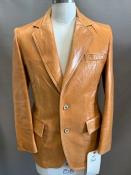 Mens, Leather Jacket, CRESCO, Tan Brown, Leather, Solid, 40, Single Breasted, Notched Lapel, 2 Buttons,  3 Pockets,