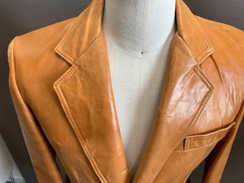 Mens, Leather Jacket, CRESCO, Tan Brown, Leather, Solid, 40, Single Breasted, Notched Lapel, 2 Buttons,  3 Pockets,