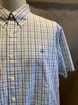 Mens, Casual Shirt, BROOKS BROTHERS, White, Blue, Navy Blue, Cotton, Plaid, 1XL, S/S, Button Front, Collar Attached,