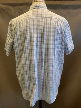 Mens, Casual Shirt, BROOKS BROTHERS, White, Blue, Navy Blue, Cotton, Plaid, 1XL, S/S, Button Front, Collar Attached,