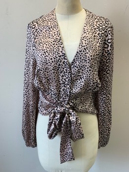 Womens, Blouse, TOP SHOP, Lt Pink, Black, Polyester, Animal Print, 6, Multiple, V-neck, Button Front, Wide Waistband with Attached Tie Front, Long Sleeves with Elastic Cuffs