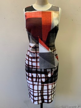 Womens, Dress, Sleeveless, N/L, Multi-color, White, Red, Black, Brown, Polyester, Spandex, Abstract , B:34, S, Unusual Photo Realistic Print with Fabric Textures, Tree Branches, Etc, Round Neck, Fitted, Knee Length, Invisible Zipper in Back
