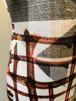 Womens, Dress, Sleeveless, N/L, Multi-color, White, Red, Black, Brown, Polyester, Spandex, Abstract , B:34, S, Unusual Photo Realistic Print with Fabric Textures, Tree Branches, Etc, Round Neck, Fitted, Knee Length, Invisible Zipper in Back