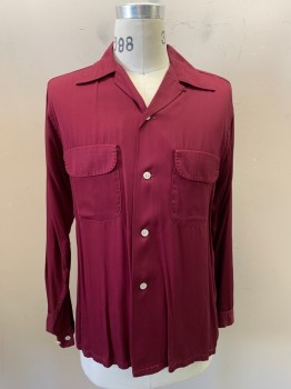 AMC, Maroon Red, Cotton, Solid, C.A., Button Front, L/S, 2 Flap Pockets
