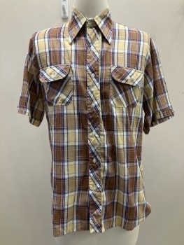 Mens, Shirt, LE HAVRE, N:15.5, M, Brown/ Multi-color, Tartan Plaid, C.A., B.F., S/S, 2 Pockets