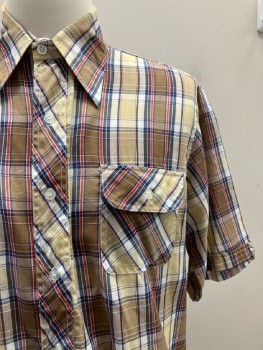 Mens, Shirt, LE HAVRE, N:15.5, M, Brown/ Multi-color, Tartan Plaid, C.A., B.F., S/S, 2 Pockets