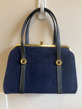 Womens, Purse, TOWN & COUNTRY, OS, Navy Suede with 2 Leather Handles, Gold Hardware