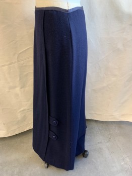 NL, Navy Blue, Wool, Black Grosgrain Waistband, Two Tuck Pleat at Front, Side Tabs with Fabric Covered Buttons, Hook & Eye Back, Floor Length Hem, Inverted Pleat at Back Hem